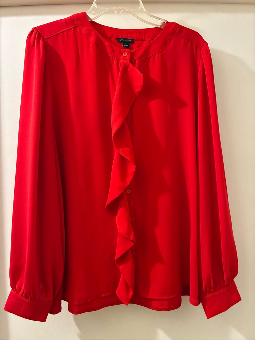 Ann Taylor Red Ruffle Button Down Blouse L